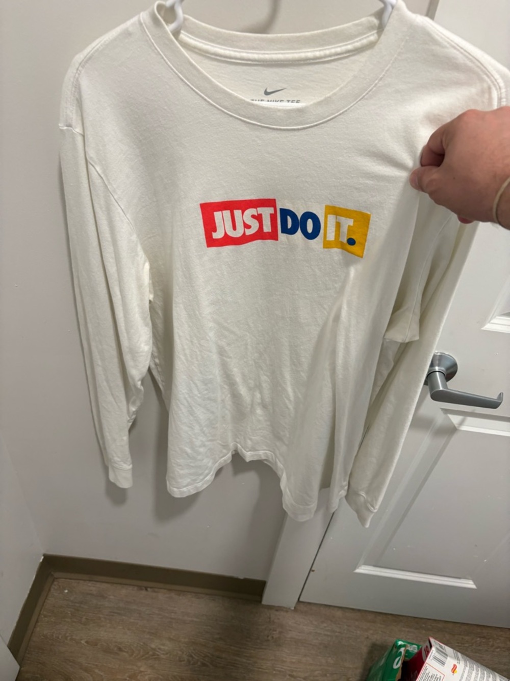 Nike White Long Sleeve Tee with Red, Blue & Yellow 'JUST DO IT.' Graphic